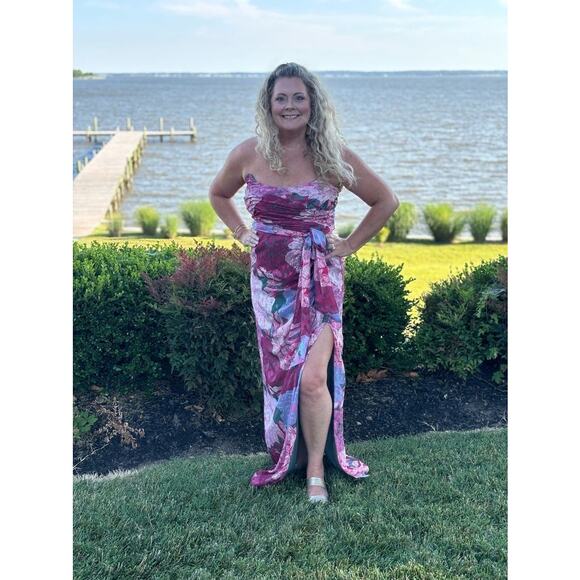 HUTCH Purple Pink Floral Drape Front Strapless Julietta Maxi Gown size 4 - Picture 6 of 14